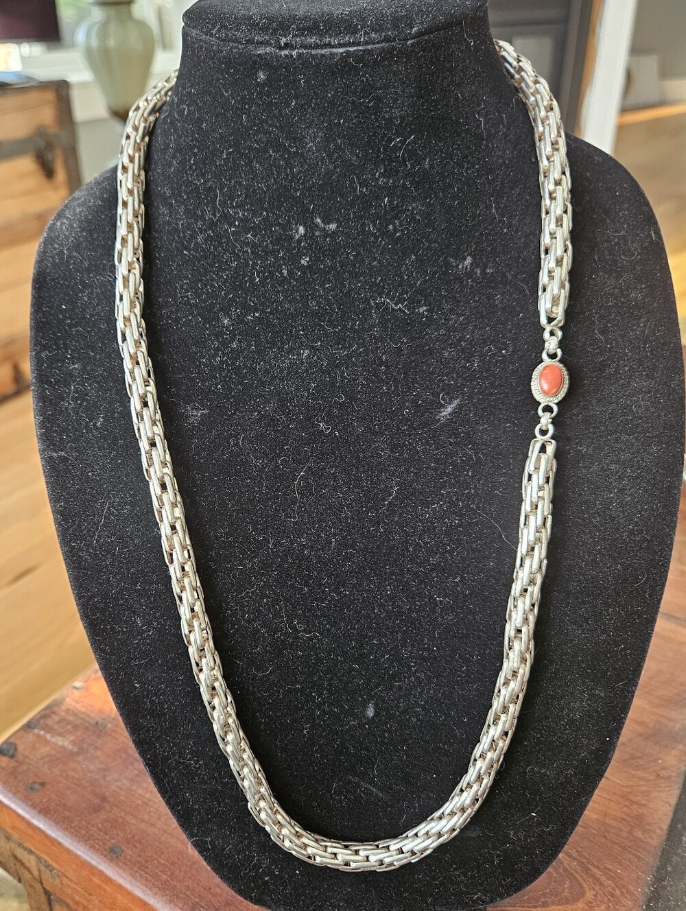 Southwestern Unique Sterling Silver Handmade Chain Necklace Coral Turquoise 29"